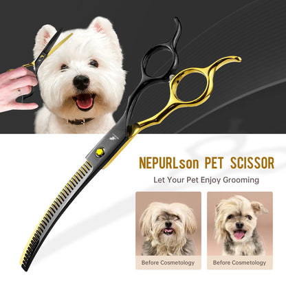 Dog Scissors for Grooming Stainless 6.5" Professional Pet Scissors Curved Chunker Scissors for Groomer Bend Down Thinning Shears