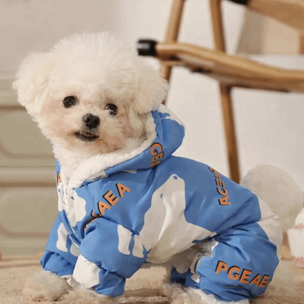 Cute Warm Dog Winter Clothes Anti-Shedding Thick Pet Outdoor Clothing Splash-proof Fleece Lined Puppy Jumpsuit Outdoor